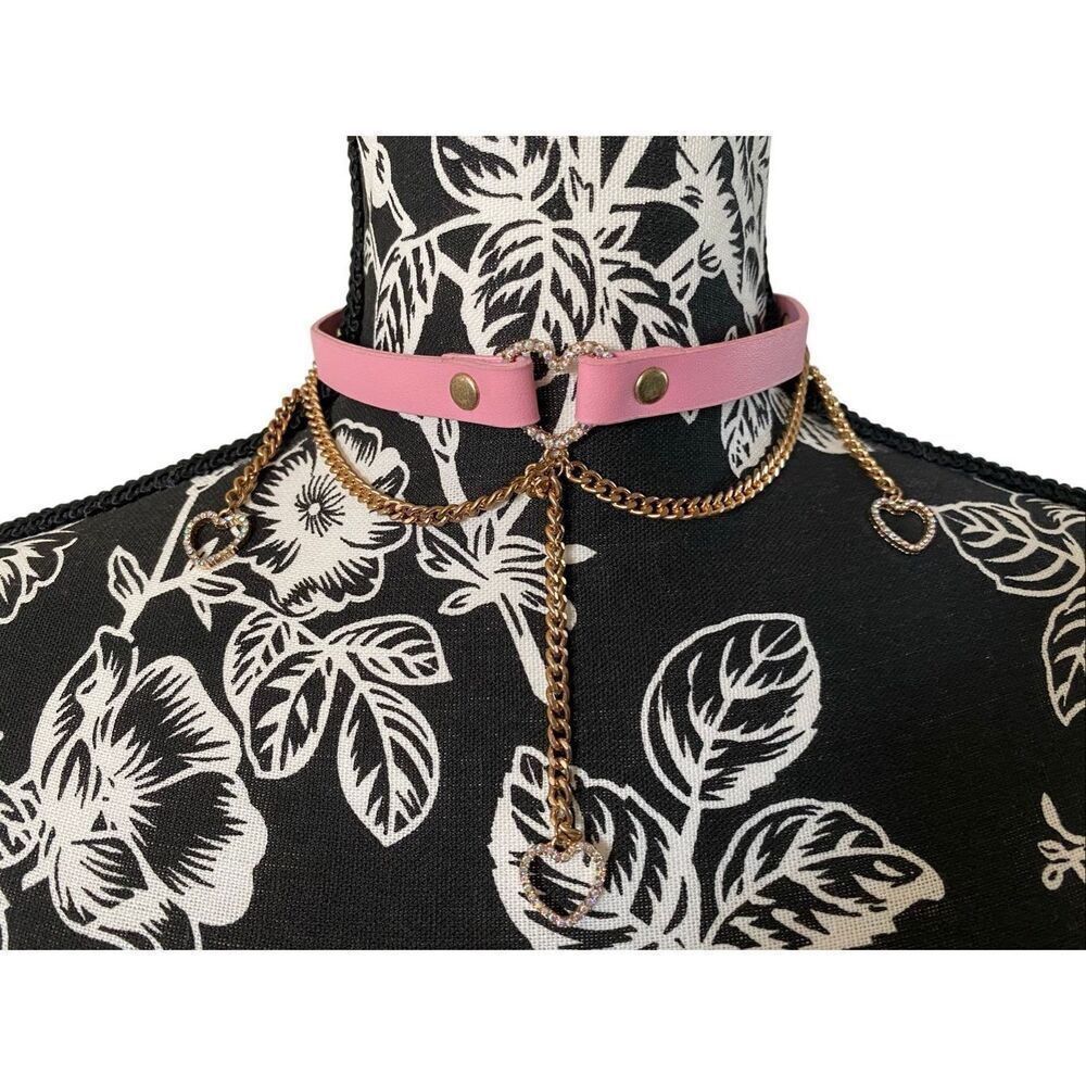 Pink Choker Collar Gold Chain Heart Pendants Gothic Korean Goth Punk Grunge Alt
